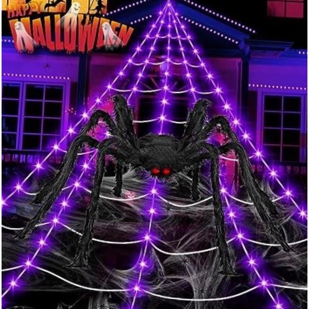 Giant 59in Halloween Spider & 200in Light Up Purple LED Web Set Outdoor Decor
